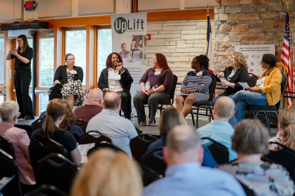 UpLift program participants tell their stories during the Participant Storytelling Panel at the Windsor Heights Community Center, Wednesday, May 15, 2024.