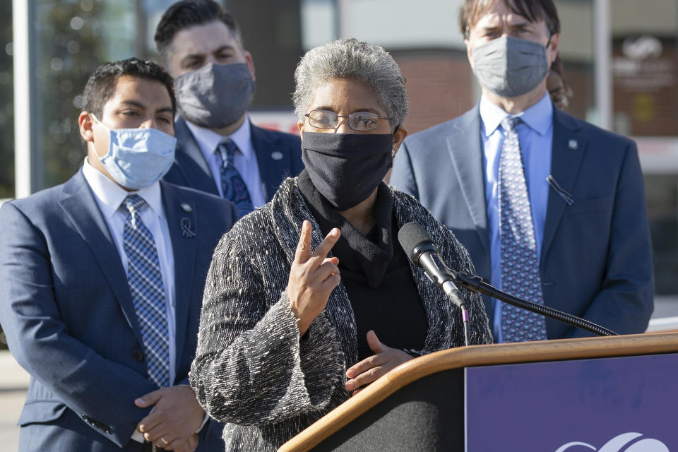 FILE - Rep. Regina Goodwin responds to Gov. Kevin Stitt's State of the State address in front of St. Anthony's Hospital in Oklahoma City at St. Anthony's Hospital on Monday, Feb. 1, 2021. George Floyd's killing last year and the protests that followed led to a wave of police reforms in dozens of states, from changes in use-of-force policies to greater accountability for officers. Some states have done little or nothing around police and racial justice reforms, and several have moved in the opposite direction. “These anti-protest bills were flying off the floor,” said Goodwin. “What that says to me is that Oklahoma is either not aware of the critical issues that America faces as it relates to racism and police abuse or folks are looking the other way because they can.” (AP Photo/Alonzo Adams, file)