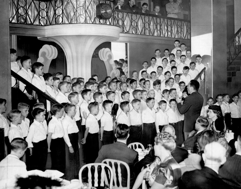 The 140-member YMCA Boy's Choir performs inside the Skirvin Tower's Silver Glade Room in 1947, shortly before the building's current owners renovated the space into the Persian Room.