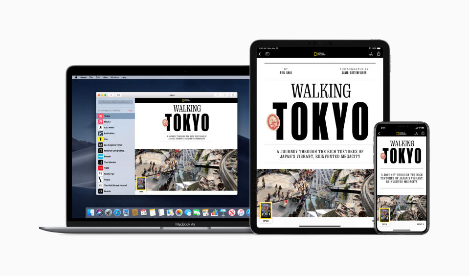 Apple News+ interface displayed on laptop, iPad, and iPhone