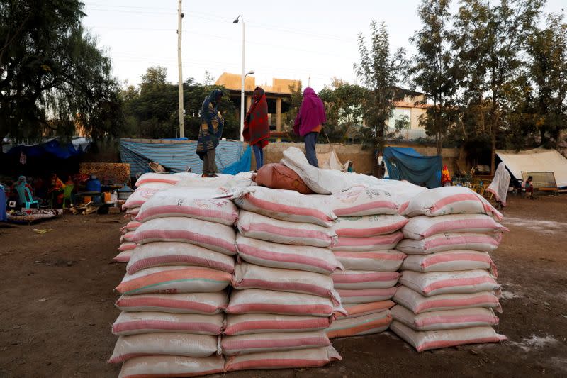 FILE PHOTO: Bags of food donations are seen at the Tsehaye primary school in Shire