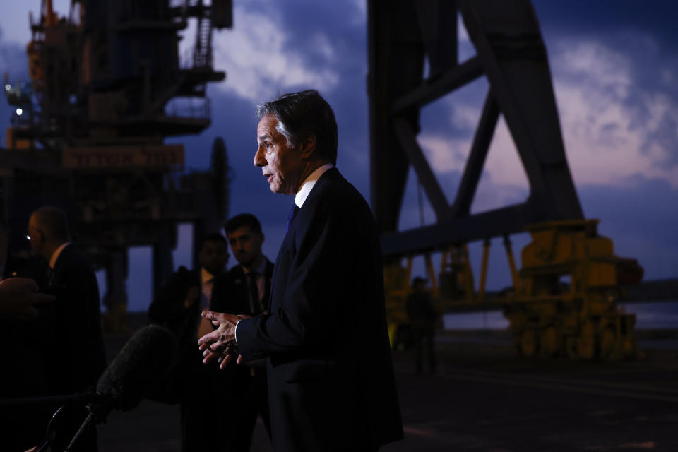 U.S. Secretary of State Antony Blinken speaks to the press at the port of Ashdod, in Ashdod, Israel, May 1, 2024. (Evelyn Hockstein/Pool Photo via AP)