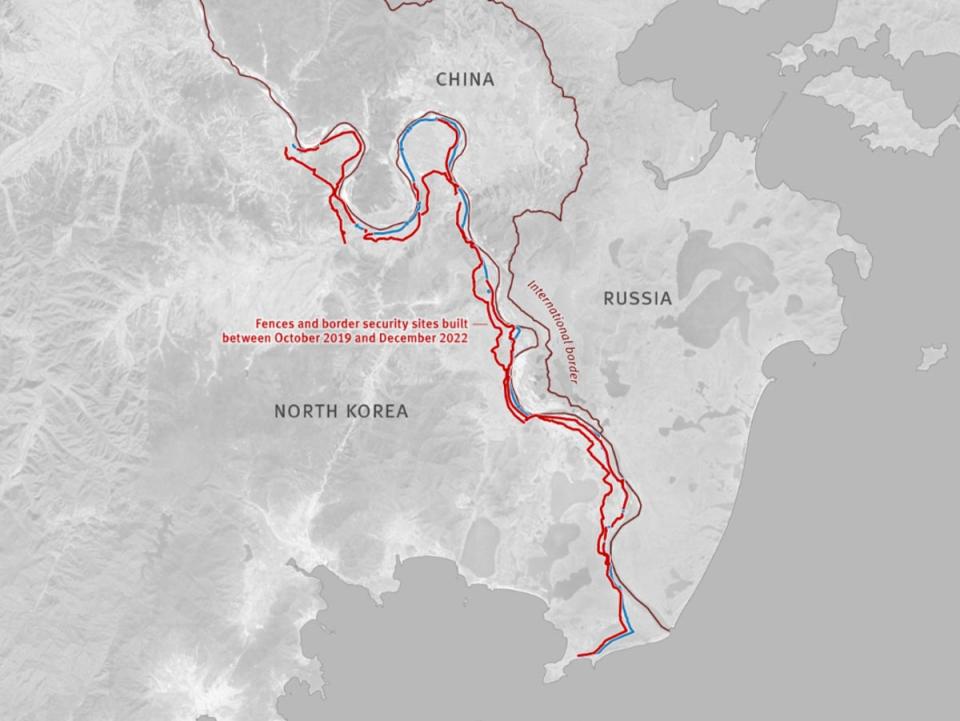 Between October 2019 and December 2022, authorities built 45 kilometres of new primary fence and 65 kilometers of secondary fencing in the Sonbong district (Sonbong-guyok), bordering with China and Russia. Almost all the area is double-fenced. There are 1,416 new guard posts built since 2019 every 50 meters along the primary and every 100 to 150 meters along the secondary fence (HRW)