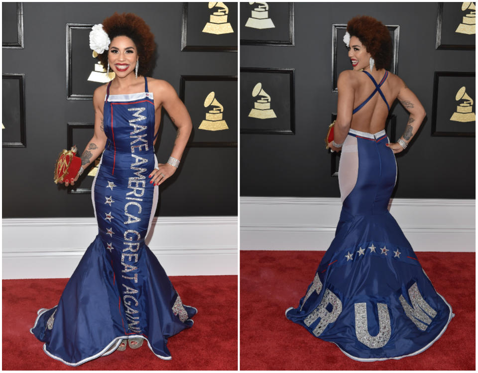 Villa had tongues wagging in the pro-Trump dress she wore last year. It was later reported that the controversial gown helped spike the singer’s record sales. (Photo: Getty Images)