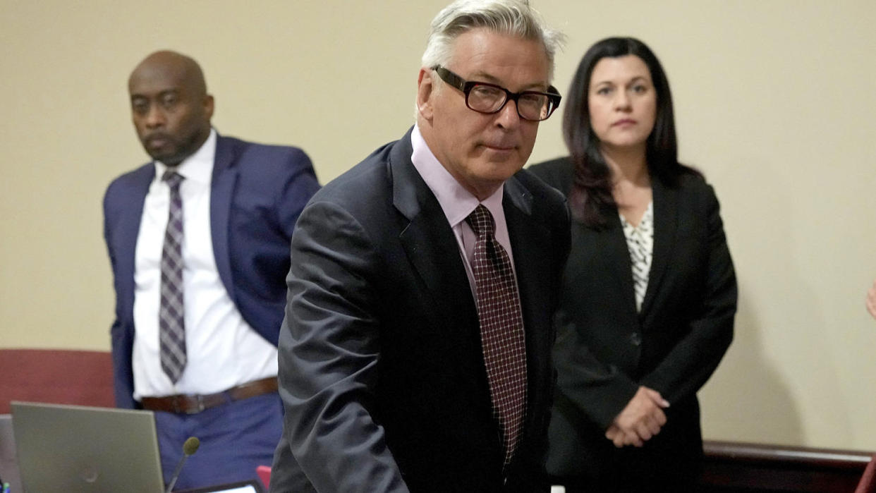 Actor Alec Baldwin leans on a chair during a break in his hearing in Santa Fe County District Court, July 10, 2024, in Santa Fe, New Mexico.  (Ross D. Franklin / Pool via AFP - Getty Images)