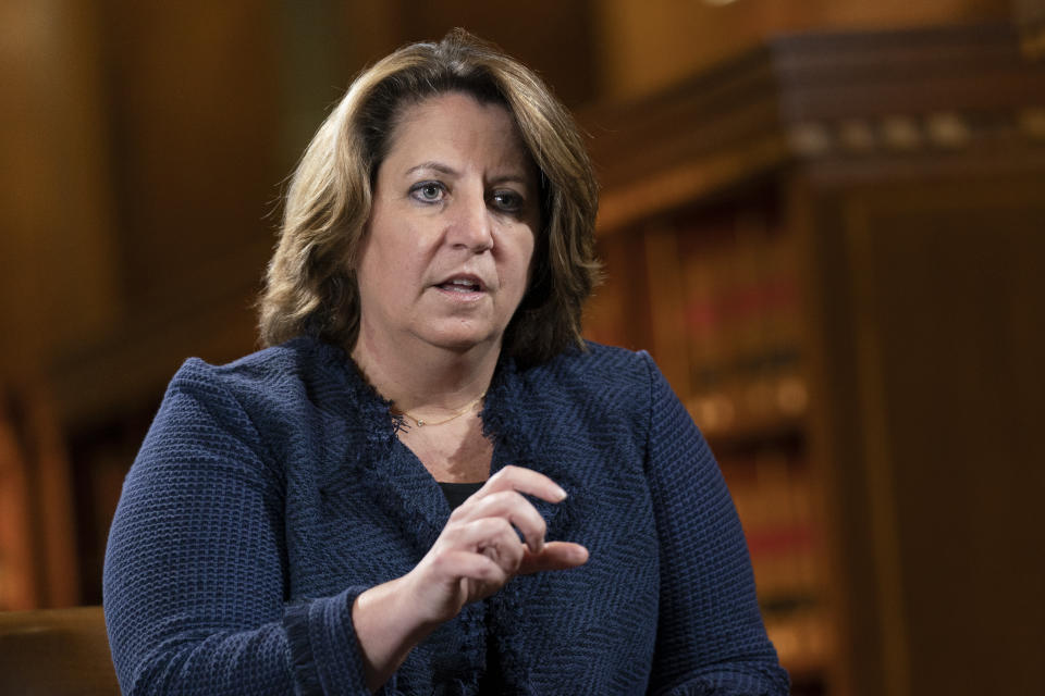 Deputy Attorney General Lisa Monaco speaks to The Associated Press during an interview at the Department of Justice in Washington, Tuesday, Nov. 2, 2021. Monaco told the AP that the public should expect to see more arrests and law enforcement action as the Justice Department deals with the threat of ransomware. (AP Photo/Manuel Balce Ceneta)