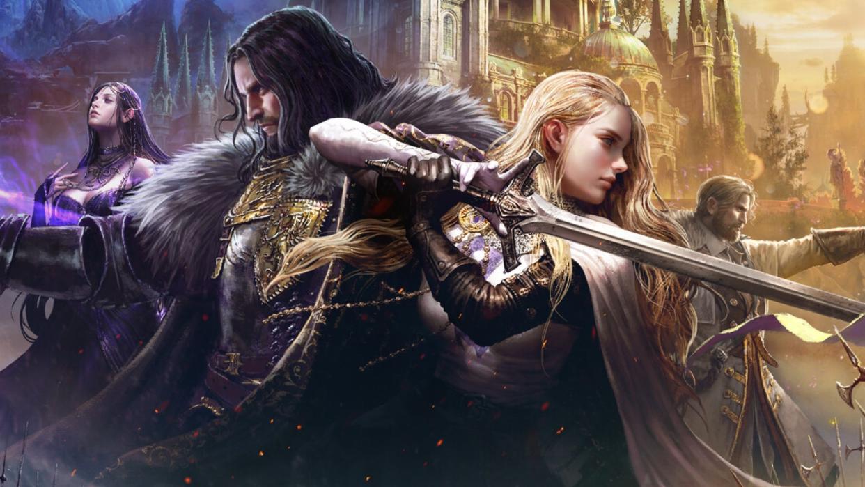  Keyart from Throne and Liberty depicting two warriors, one wreathed in shadow and the other in light. 