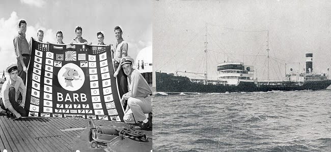 A la izquierda, tripulantes del USS Barb mostrando felices la bandera de logros en la que aparece las bandera de los barcos hundidos, entre ellas la bandera nazi, pero que debería ser la española. A la derecha el petrolero Campomanes (imágenes vía Wikimedia commons – uhistoria)