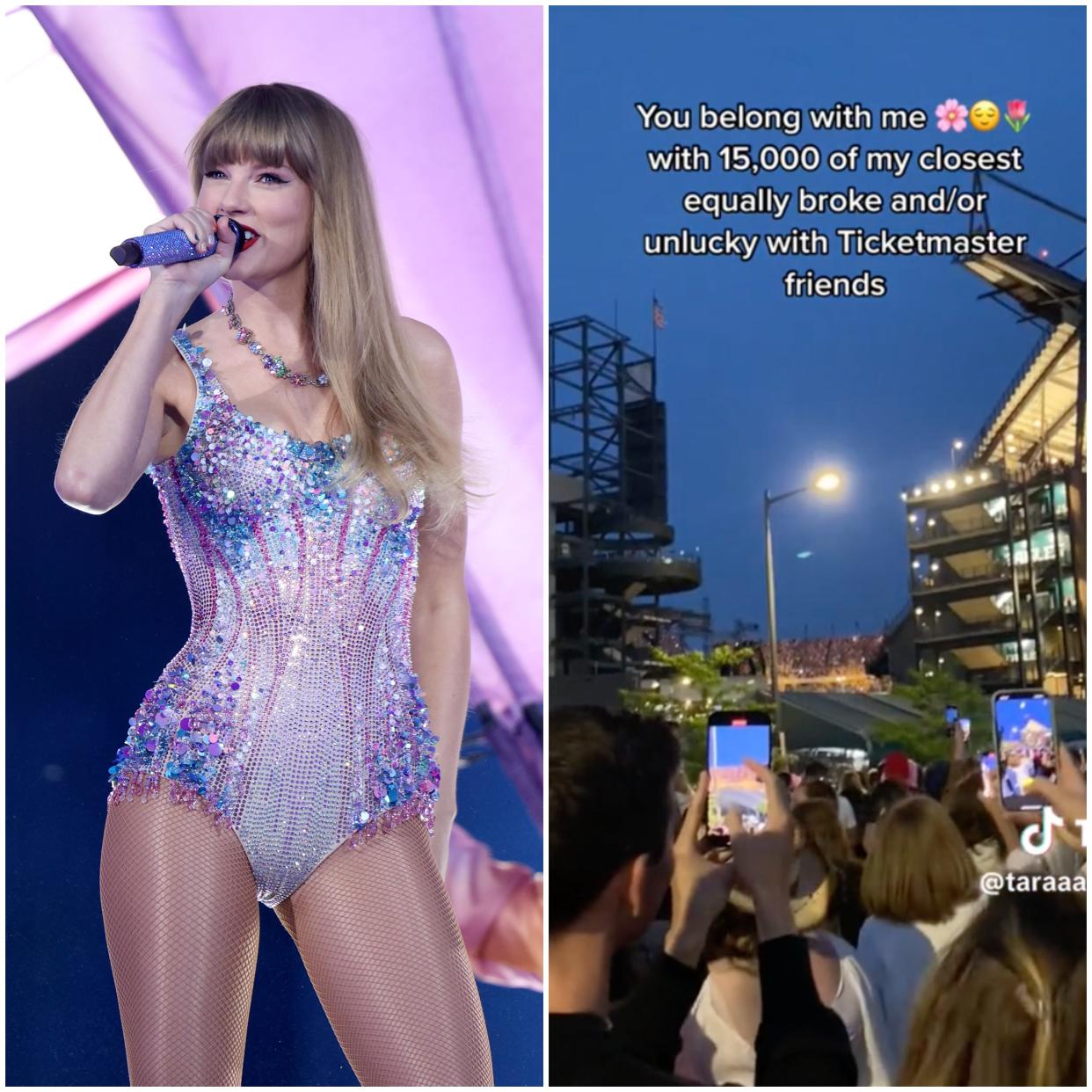 Taylor Swift performs onstage during "Taylor Swift | The Eras Tour" at Gillette Stadium on May 19, 2023 in Foxborough, Massachusetts./Fans "Taylor-gate" to watch her perform outside venues