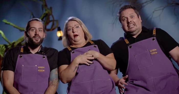 three contestants looking scared