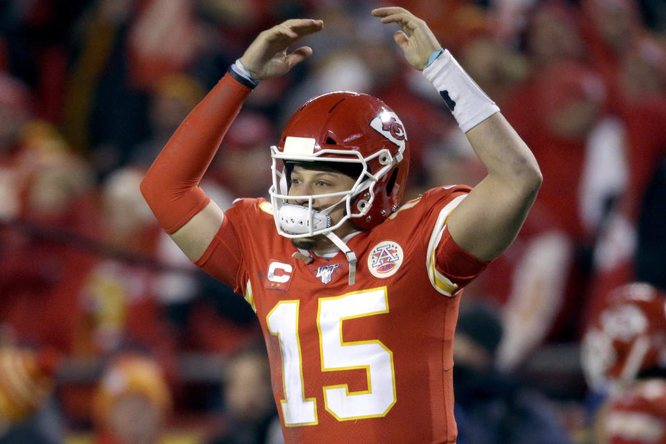 Kansas City Chiefs quarterback Patrick Mahomes celebrates in the final moments of an NFL divisional playoff football game against the Houston Texans, Sunday, Jan. 12, 2020, in Kansas City, Mo. (AP Photo/Charlie Riedel)