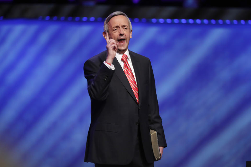 Senior Pastor Dr. Robert Jeffress addresses attendees before Vice President Mike Pence spoke at the Southern Baptist megachurch First Baptist Dallas during a Celebrate Freedom Rally in Dallas, Sunday, June 28, 2020. (AP Photo/Tony Gutierrez)