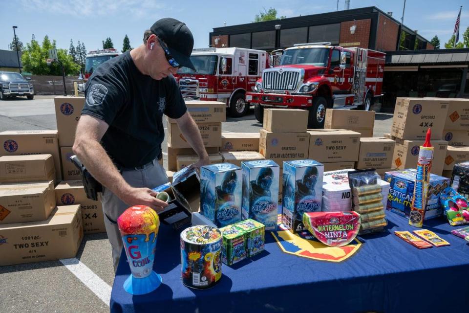 Cal Fire Supervisor for Arson and Bomb Bryan Gouge opens a box of illegal aerial mortars Tuesday in Sacramento as Cal Fire, along with local firefighting agencies, warn about the dangers of using illegal fireworks. They’re warning residents of the California’s “Zero Tolerance” policy toward anyone caught selling or using illegal fireworks with a fine of up to $50,000 and up to a year in jail.