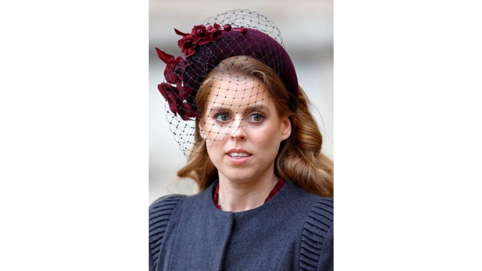 Princess Beatrice in netted burgundy headband