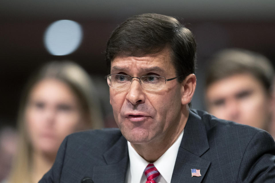 Secretary of the Army and Secretary of Defense nominee Mark Esper testifies before a Senate Armed Services Committee confirmation hearing on Capitol Hill in Washington, Tuesday, July 16, 2019. (AP Photo/Manuel Balce Ceneta)