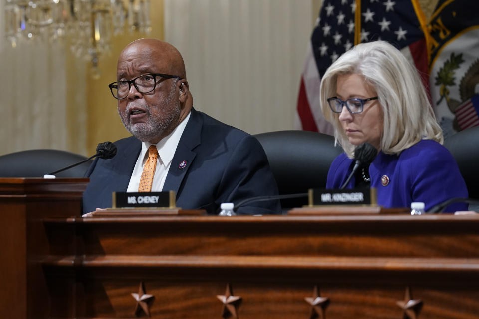 Rep. Bennie Thompson, D-Miss., chair of the House select committee tasked with investigating the Jan. 6 attack on the U.S. Capitol speaks as the committee meets to hold Steve Bannon, one of former President Donald Trump's allies in contempt, on Capitol Hill in Washington, Tuesday, Oct. 19, 2021. Listening ise Rep. Liz Cheney, R-Wyo. (AP Photo/J. Scott Applewhite)