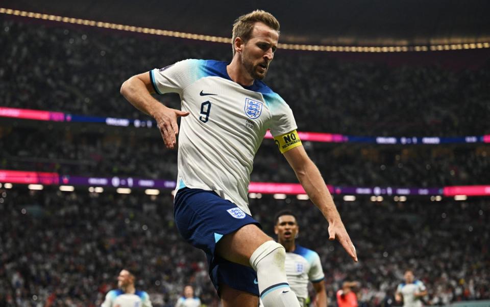 Harry Kane celebrates scoring against France (REUTERS)