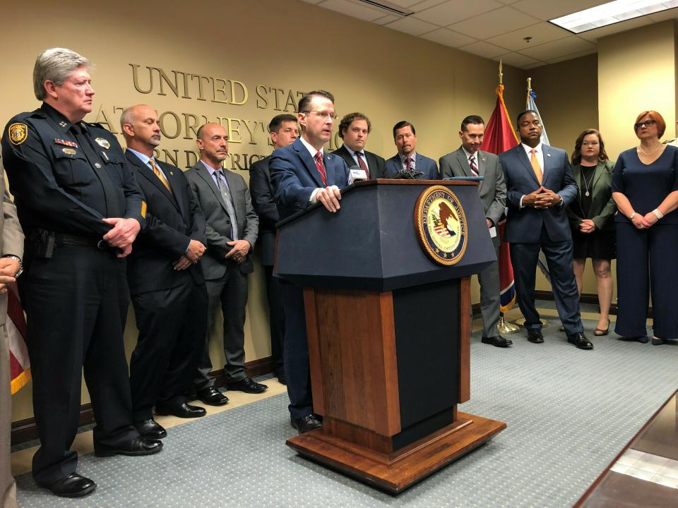 U.S. Attorney for the Western District of Tennessee Michael Dunavant discusses charges of illegally distributing opioids against more than 30 medical professionals. (Photo: Adrian Sainz/AP)