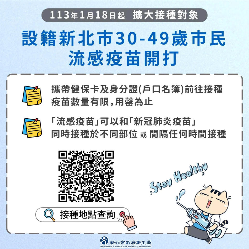 <strong>18日起開放設籍新北30至49歲市民接種新北公費流感疫苗，市民可攜帶健保卡及身分證前往29區衛生所接種疫苗。（圖／北市衛生局）</strong>