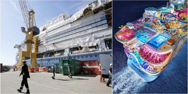 A collage of Royal Caribbean's Icon of the Seas _ and Royal Caribbean’s rendering of the space.