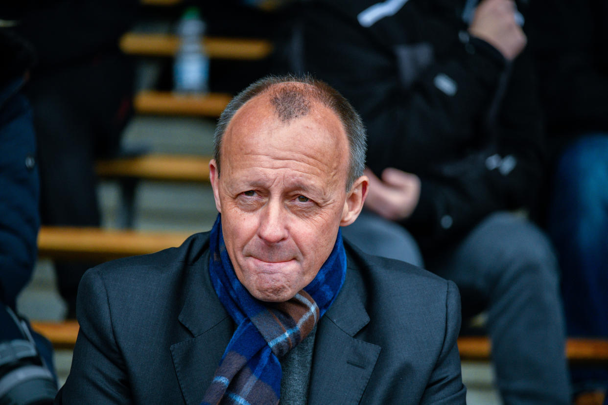 ARNSBERG, GERMANY - APRIL 17: German Christian Democrat (CDU) Friedrich Merz takes part at a gathering at an outdoor stadium to determine the CDU candidate for voting district 147 for the Bundestag during the coronavirus pandemic on April 17, 2021 in Arnsberg, Germany. Merz, who has earned the reputation of a firebrand within the party and recently sought to become party leader, is seeking to replace the district's current MP, Patrick Sensburg. The gathering is taking place at the outdoor stadium due to the pandemic. Germany is scheduled to hold federal elections in September. (Photo by Sascha Schuermann/Getty Images)