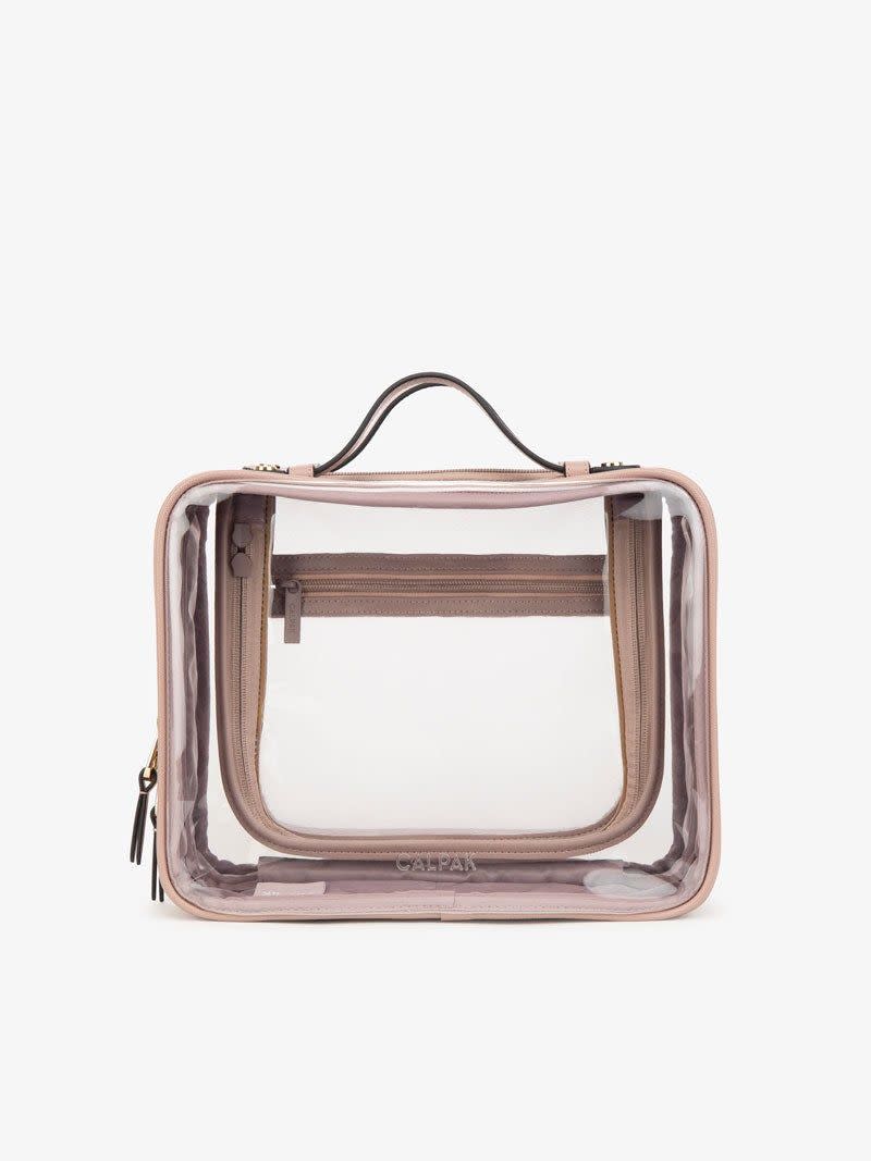 <p><strong>CALPAK</strong></p><p>calpaktravel.com</p><p><strong>$95.00</strong></p><p>This clear makeup bag manages to be super stylish and practical all at once, Perisco says. “It’s lined with gold zippers and a nice faux leather that comes in seven different color options. If a product inside breaks or there’s a spill, you can rest easy knowing the entire cosmetics case is waterproof and very easy to clean!” Plus, the brand is editor-approved, too, since our senior editor swears by their backpacks for travel. </p><p><strong>Size: 11.5 x 5.25 x 9 inches</strong></p>
