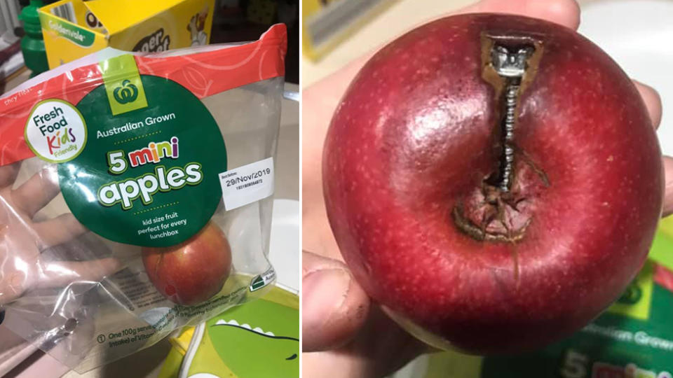 Woolworths five mini apples for kids with a strange object in them