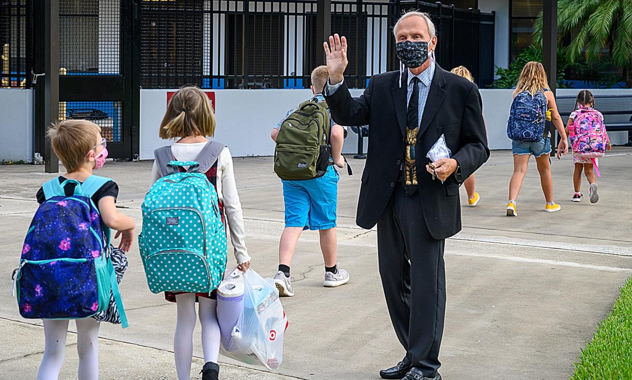In this file photo, W. D. Hartley Elementary School principal Paul Goricki welcomes students back on the first day of school on Monday, Aug. 31, 2020. [PETER WILLOTT/THE RECORD]