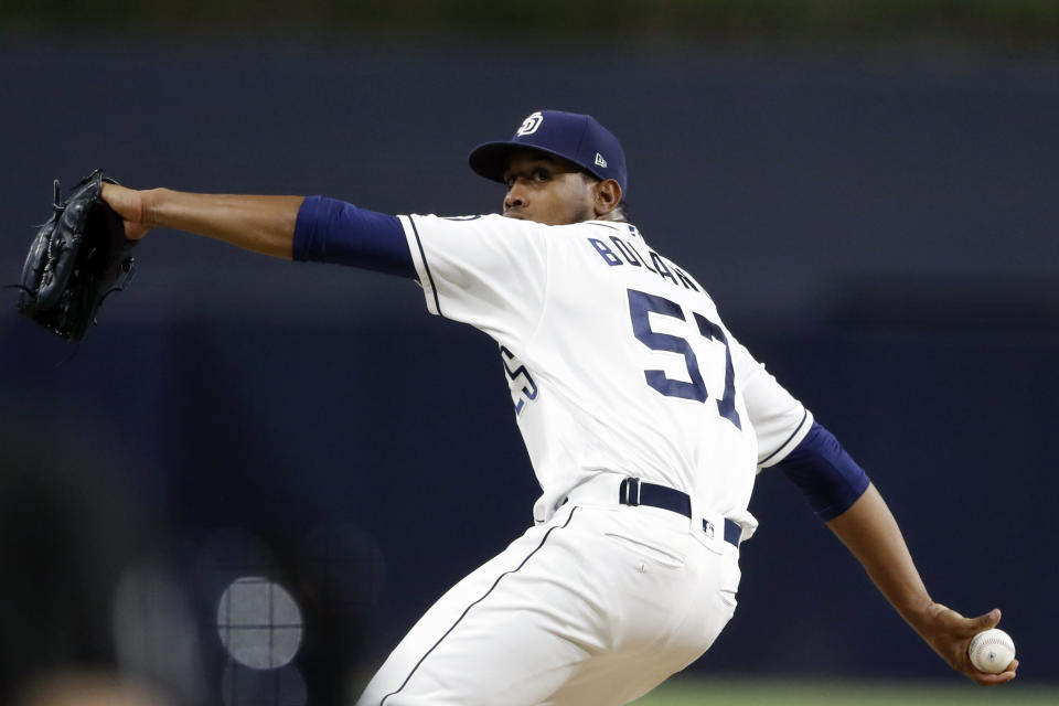San Diego Padres starting pitcher Ronald Bolanos works against a Los Angeles Dodgers batter during the first inning of a baseball game Tuesday, Sept. 24, 2019, in San Diego. (AP Photo/Gregory Bull)