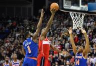 Jan 17, 2019; London, ENG; Washington Wizards center Thomas Bryant (13) scores the winning basket during the fourth quarter of the game against the New York Knicks at The O2 Arena. Mandatory Credit: Steve Flynn-USA TODAY Sports