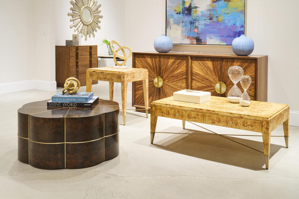Selections from Sherrill Furniture, including the Flora cocktail table, the Eve cocktail table and the Wren 2 Door cabinet 