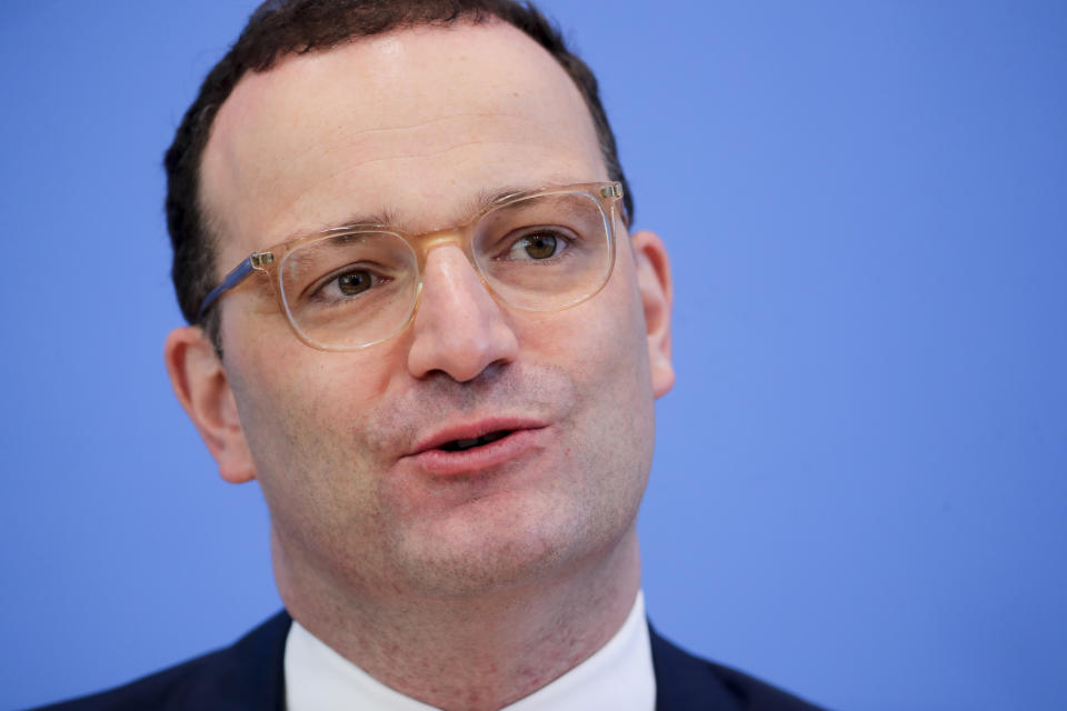 German Health Minister Jens Spahn attends a news conference on the coronavirus pandemic and the COVID-19 disease, in Berlin, Germany, Friday, June 18, 2021. Germany’s health minister says the country has now given a first coronavirus vaccine shot to more than half of its population. (Hannibal Hanschke/Pool via AP)