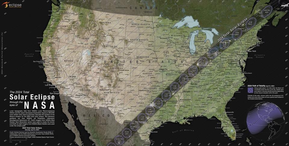 The total solar eclipse on April 8, 2024, will first "enter" the United States over Texas, according to NASA. It will trace a path over Oklahoma, Arkansas, Missouri, Illinois, Kentucky, Indiana, Ohio, Pennsylvania, New York, Vermont, New Hampshire, and Maine before it crosses over Canada. Parts of Tennessee and Michigan will also be in the eclipse's path.