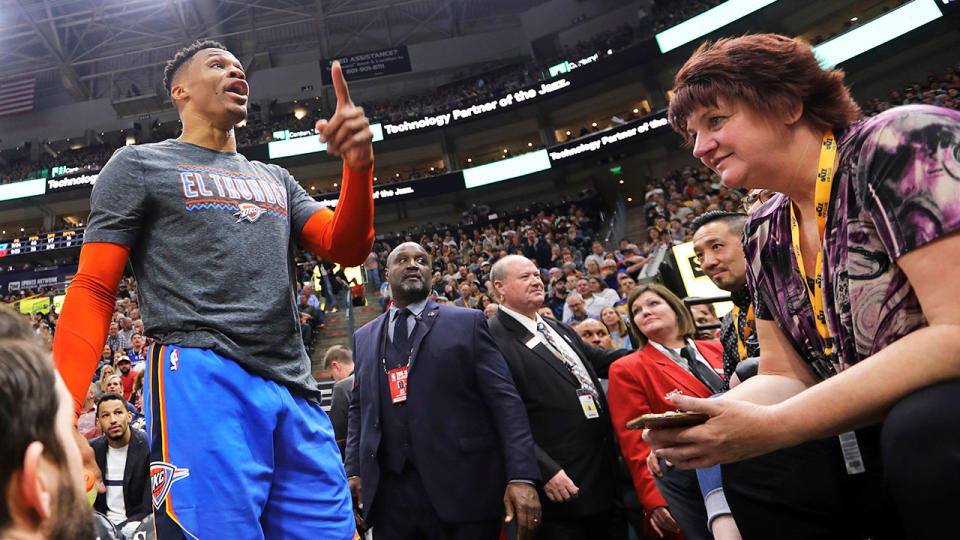 Pictured here, Russell Westbrook is being sued by a spectator he had a verbal altercation with.