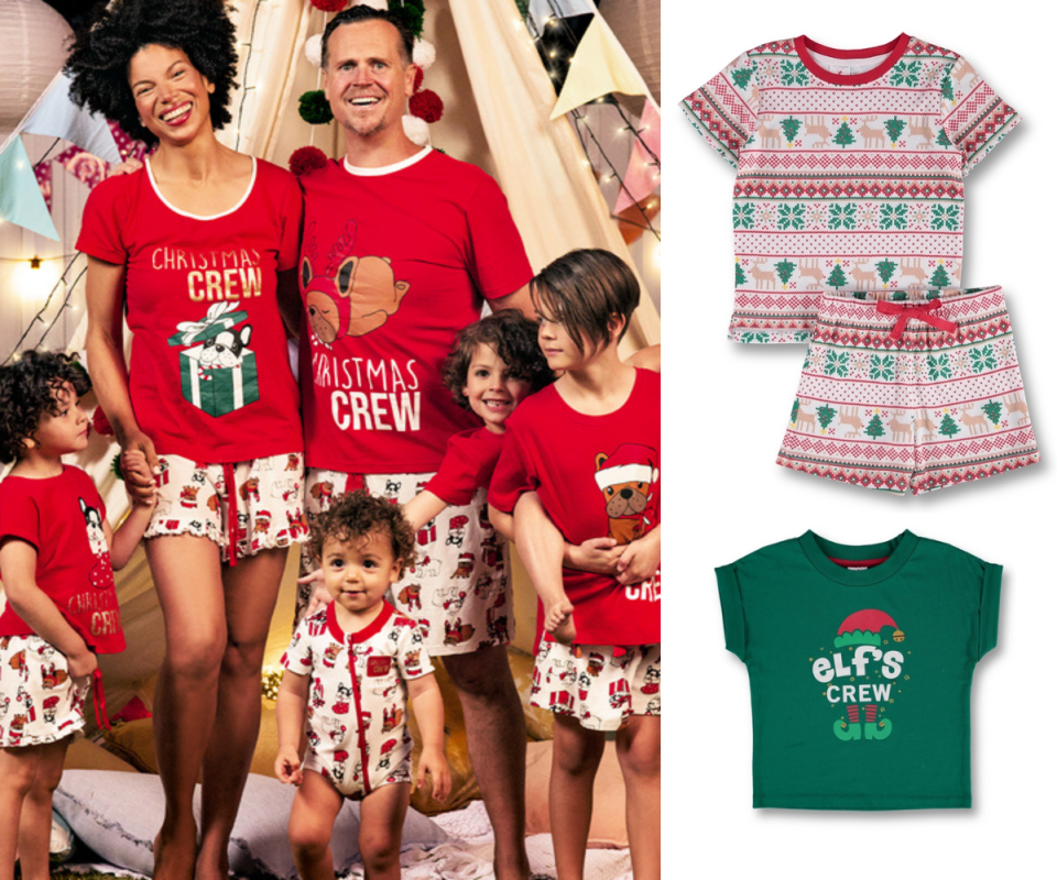On the left, a family stands together in matching red and gingerbread theme Christmas pyjamas. On the top right is a red and green patterned kids pyjama t-shirt and shorts set while beneath is a green Elf's Crew t-shirt. 