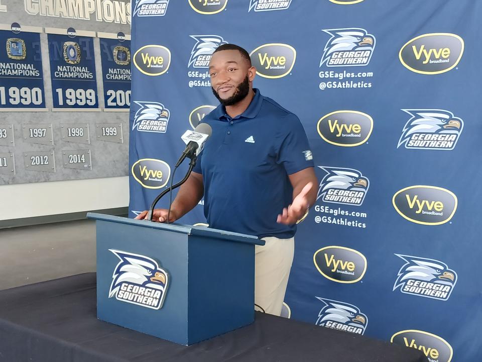 Georgia Southern defensive end Dillon Springer speaks during the weekly press conference Monday, Oct. 17, 2022 on the campus in Statesboro.