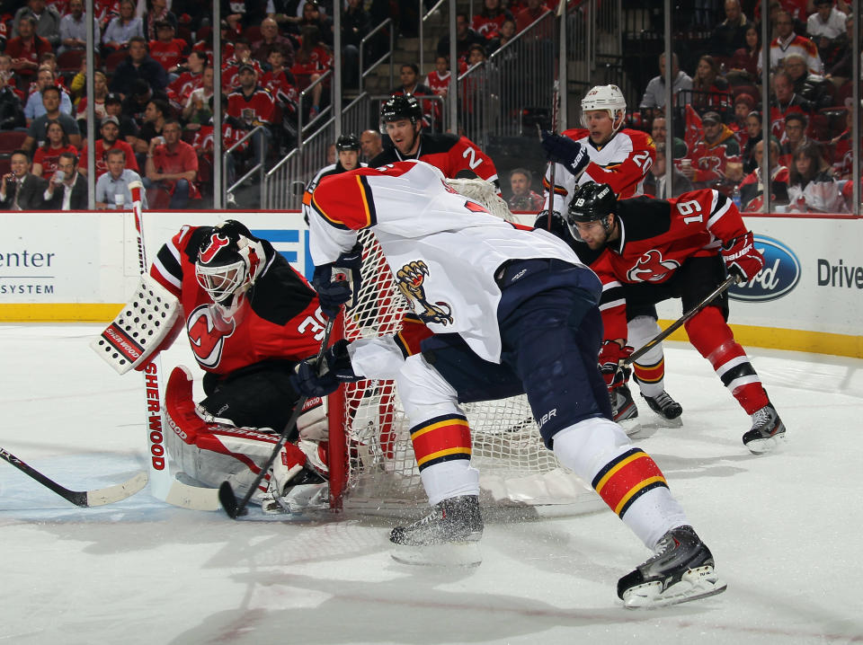 NEWARK, NJ - APRIL 19: Mikael Samuelsson #26 of the Florida Panthers is stopped by Martin Brodeur #30 of the New Jersey Devils in the first period in Game Four of the Eastern Conference Quarterfinals during the 2012 NHL Stanley Cup Playoffs at Prudential Center on April 19, 2012 in Newark, New Jersey. (Photo by Bruce Bennett/Getty Images)