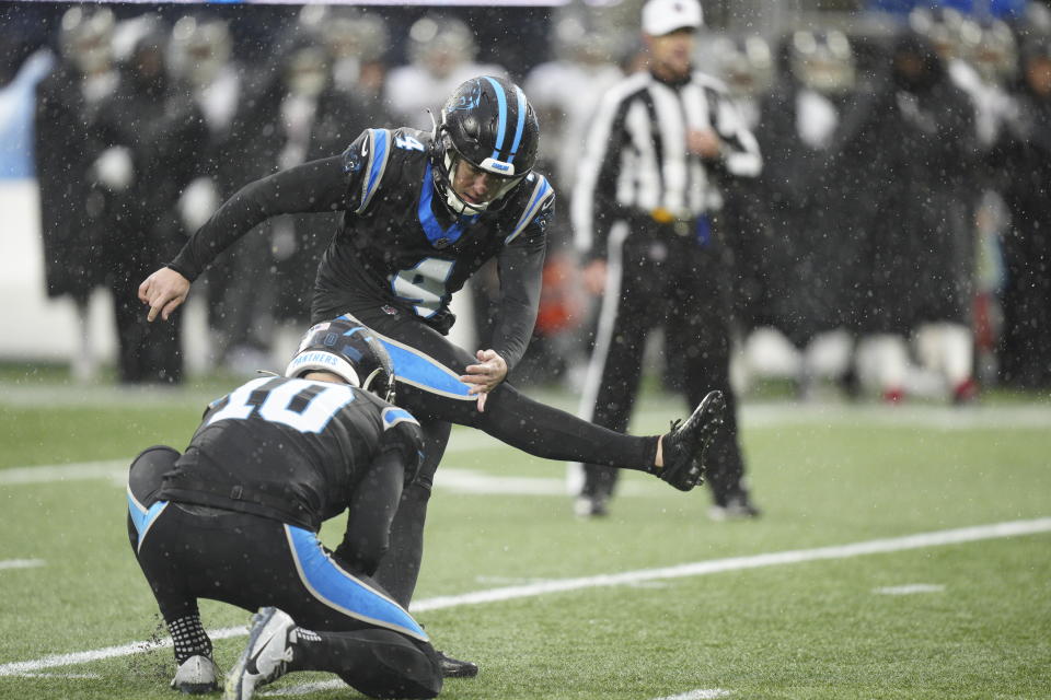 Carolina Panthers place kicker Eddy Pineiro kicks a field goal against the Atlanta Falcons during the first half of an NFL football game Sunday, Dec. 17, 2023, in Charlotte, N.C. (AP Photo/Jacob Kupferman)