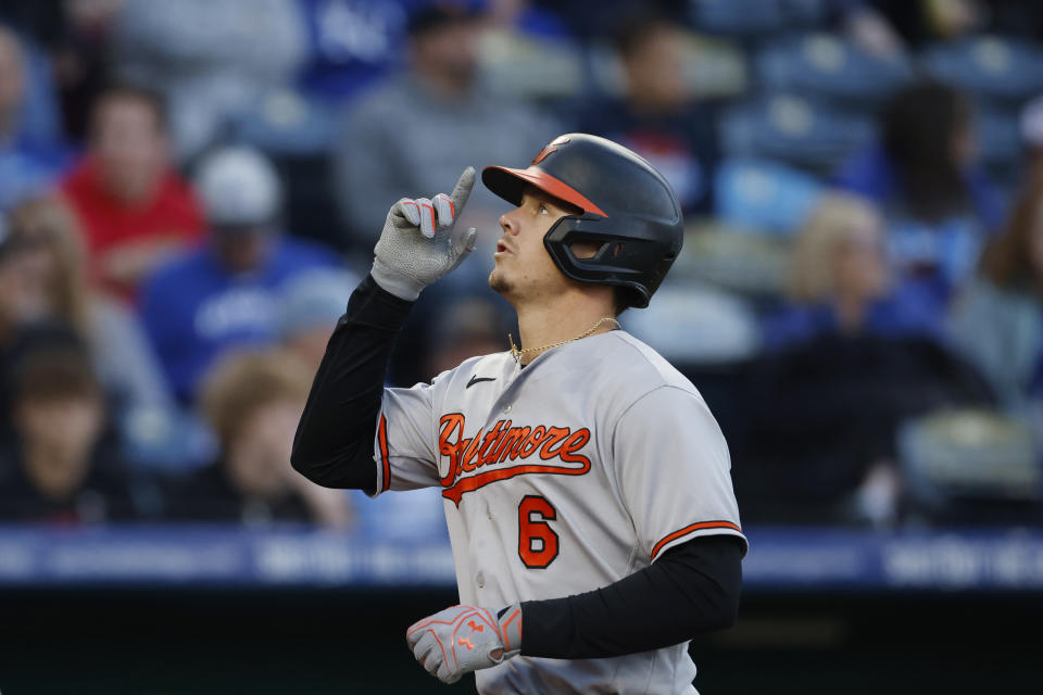 Baltimore Orioles' Ryan Mountcastle reacts as he crosses home plate after hitting a two-run home run in the fourth inning of a baseball game against the Kansas City Royals in Kansas City, Mo., Tuesday, May 2, 2023. (AP Photo/Colin E. Braley)