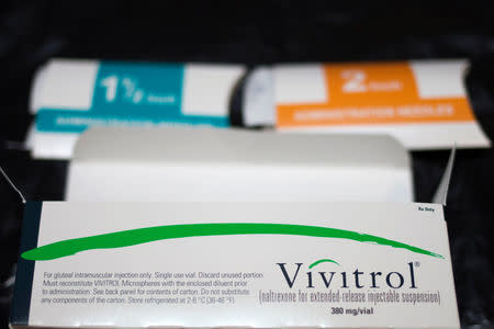 A box of VIVITROL medication is photographed in Indiana, Pennsylvania, U.S. on August 9, 2017. REUTERS/Adrees Latif