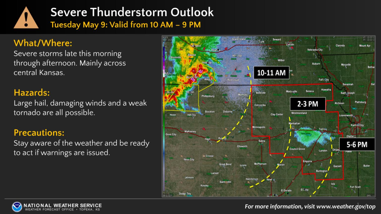 This National Weather Service's Topeka office Tuesday morning posted this graphic on its website sharing information about the band of storms that would sweep that day across northern Kansas going southeast.