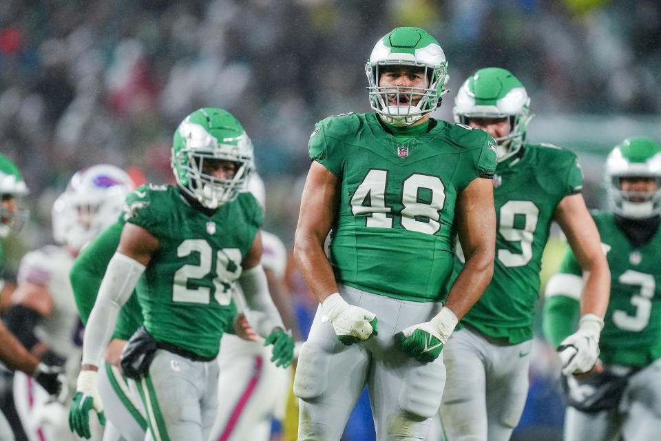 PHILADELPHIA, PENNSYLVANIA – NOVEMBER 26: Patrick Johnson #48 of the Philadelphia Eagles reacts after a play during the fourth quarter against the Buffalo Bills at Lincoln Financial Field on November 26, 2023 in Philadelphia, Pennsylvania. (Photo by Mitchell Leff/Getty Images)