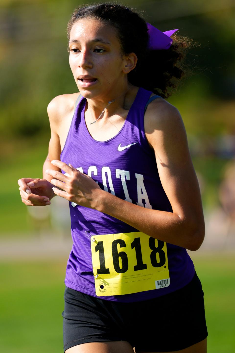 Isabel Michel, of Bogota, is shown on her way to victory at the Patriot Girls NJIC Divisional Championship, with a time of 21:13, at Garret Mountain Reservation, Wednesday, October 4, 2023.