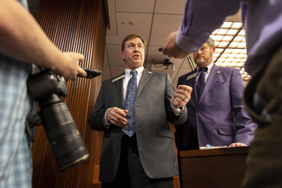 State Rep. Jesse Petrea, R-Savannah, speaks to media about HB 1105, which would penalize sheriffs who don't coordinate with federal immigration authorities, following a House Public Safety and Homeland Security Committee meeting at the Paul D. Coverdell Legislative Office Building in Atlanta, Tuesday, Feb. 27, 2024 Petrea is the sponsor of the bill which passed the committee. (Arvin Temkar/Atlanta Journal-Constitution via AP)