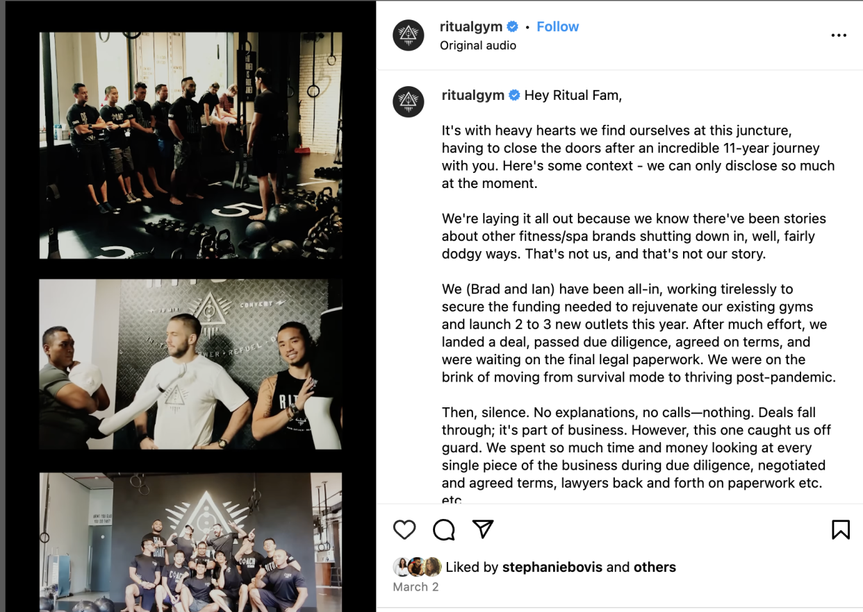 Ritual Gym announcing its closure on social media. (PHOTO: Instagram)