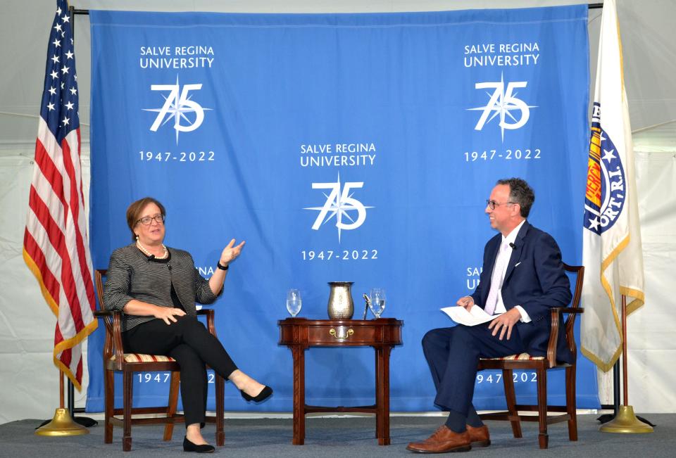 U.S. Supreme Court Associate Justice Elena Kagan addresses the crowd alongside Jim Ludes, vice president for strategic initiatives at Salve Regina University, during a visit to the school's campus on Monday, Sept. 19, 2022.