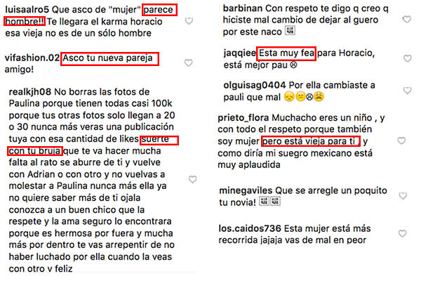 Algunos de los comentarios en contra de Marimar Vega por tener una supuesta relación con Horacio Pancheri. Foto: instagram/horaciopancheri