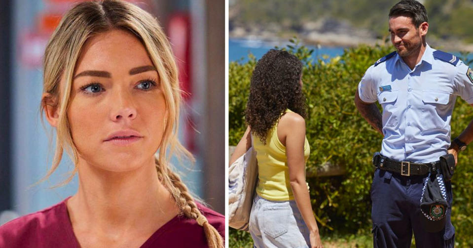 Home and Away character Jasmine looks worried on the left, on the right, Rose and Cash are pictured talking in Summer Bay. Cash is in a cop uniform.