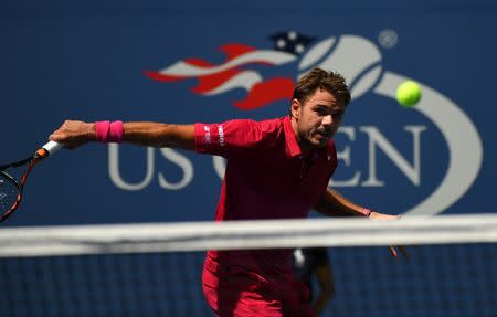 Aug 30, 2016; New York, NY, USA; Stan Wawrinka of Switzerland hits to Fernando Verdasco of Spain (not pictured) on day two of the 2016 U.S. Open tennis tournament at USTA Billie Jean King National Tennis Center. Robert Deutsch-USA TODAY Sports