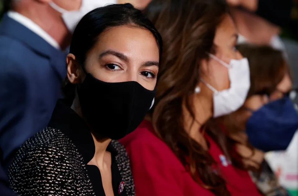 U.S. Representative Alexandria Ocasio-Cortez (AOC) attends the UN Climate Change Conference (COP26) in Glasgow, Scotland, Britain, November 9, 2021. REUTERS/Phil Noble